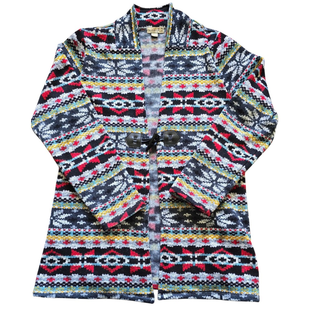 One World Cardigan Open Front Aztec Knit Colorful XL